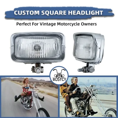 BOSYCY Motorcycle LED Square Headlight With Visor Bottom Mount – Chrome Headlamp Universal Fit Harley Chopper Suzuki Kawasaki